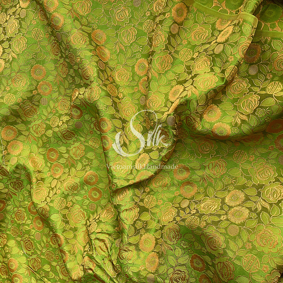 Chartreuse Silk with Yellow Rose Flowers- PURE MULBERRY SILK fabric by the yard -  Floral Silk -Luxury Silk - Natural silk - Handmade in VietNam