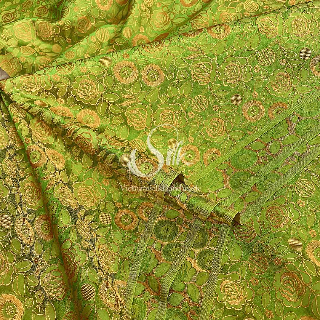 Chartreuse Silk with Yellow Rose Flowers- PURE MULBERRY SILK fabric by the yard -  Floral Silk -Luxury Silk - Natural silk - Handmade in VietNam