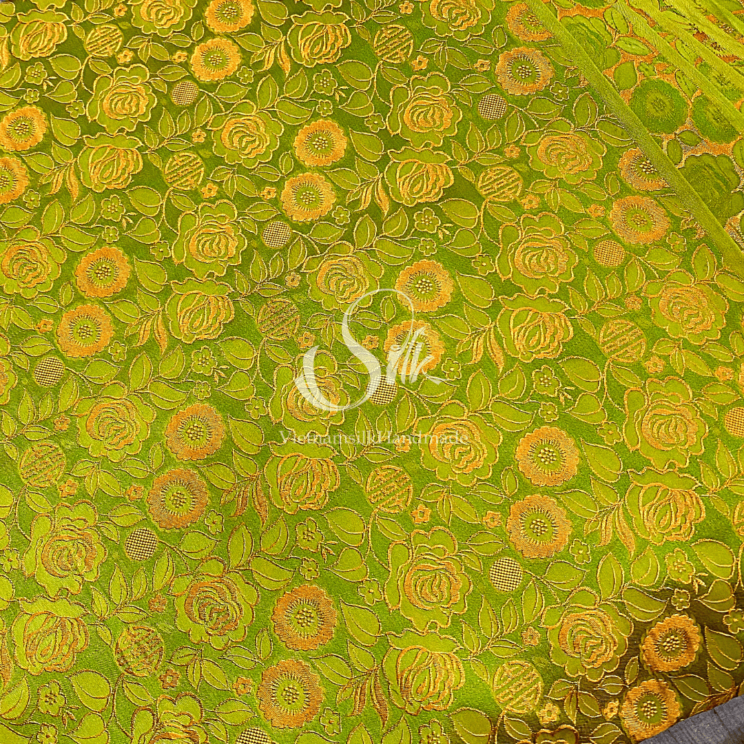 Chartreuse Silk with Yellow Rose Flowers- PURE MULBERRY SILK fabric by the yard -  Floral Silk -Luxury Silk - Natural silk - Handmade in VietNam