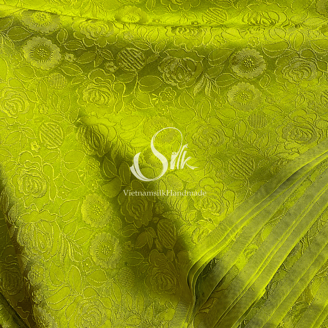 Chartreuse Silk with Rose Flowers - Rose Pattern - PURE MULBERRY SILK fabric by the yard -  Floral Silk - Rose Silk -Luxury Silk - Natural silk - Handmade in VietNam- Silk with Design