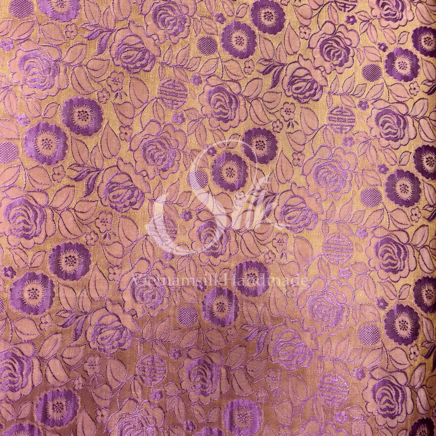 Bronze Silk with Purple Flowers - PURE MULBERRY SILK fabric by the yard - Floral Silk - Rose Silk -Luxury Silk - Natural silk - Handmade in VietNam