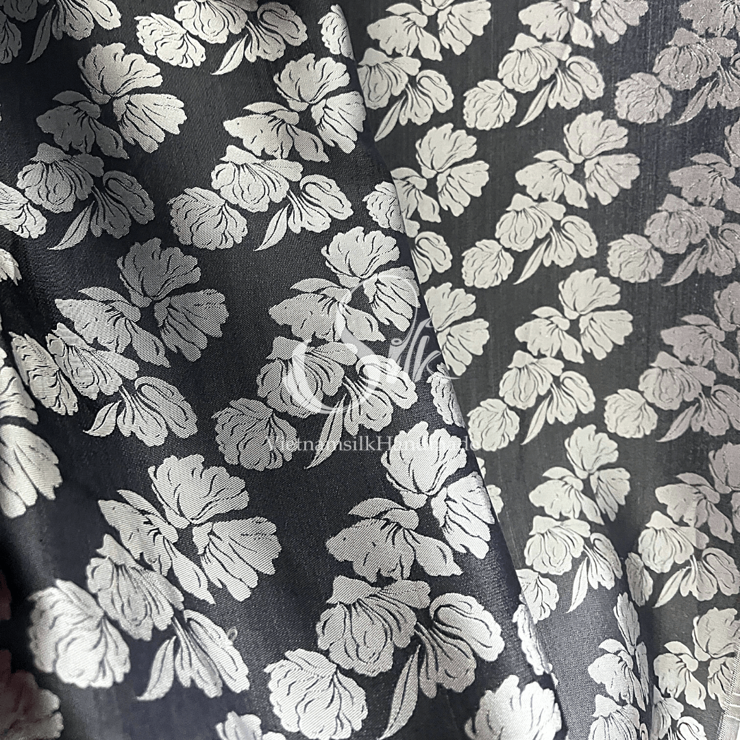Black Silk with Big Silver Flowers - PURE MULBERRY SILK fabric by the yard - Floral Silk -Luxury Silk - Natural silk - Handmade in VietNam- Silk with Design