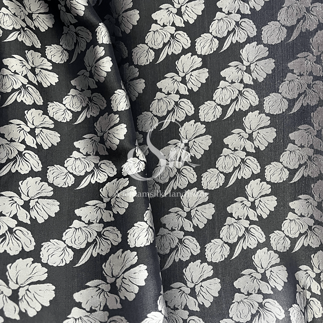Black Silk with Big Silver Flowers - PURE MULBERRY SILK fabric by the yard - Floral Silk -Luxury Silk - Natural silk - Handmade in VietNam- Silk with Design