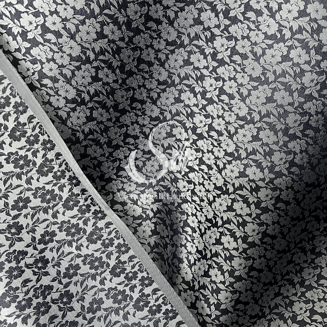 Black Silk with Gray Flowers - Little Flowers design - PURE MULBERRY SILK fabric by the yard - Floral Silk -Luxury Silk - Natural silk - Handmade in VietNam- Silk with Design