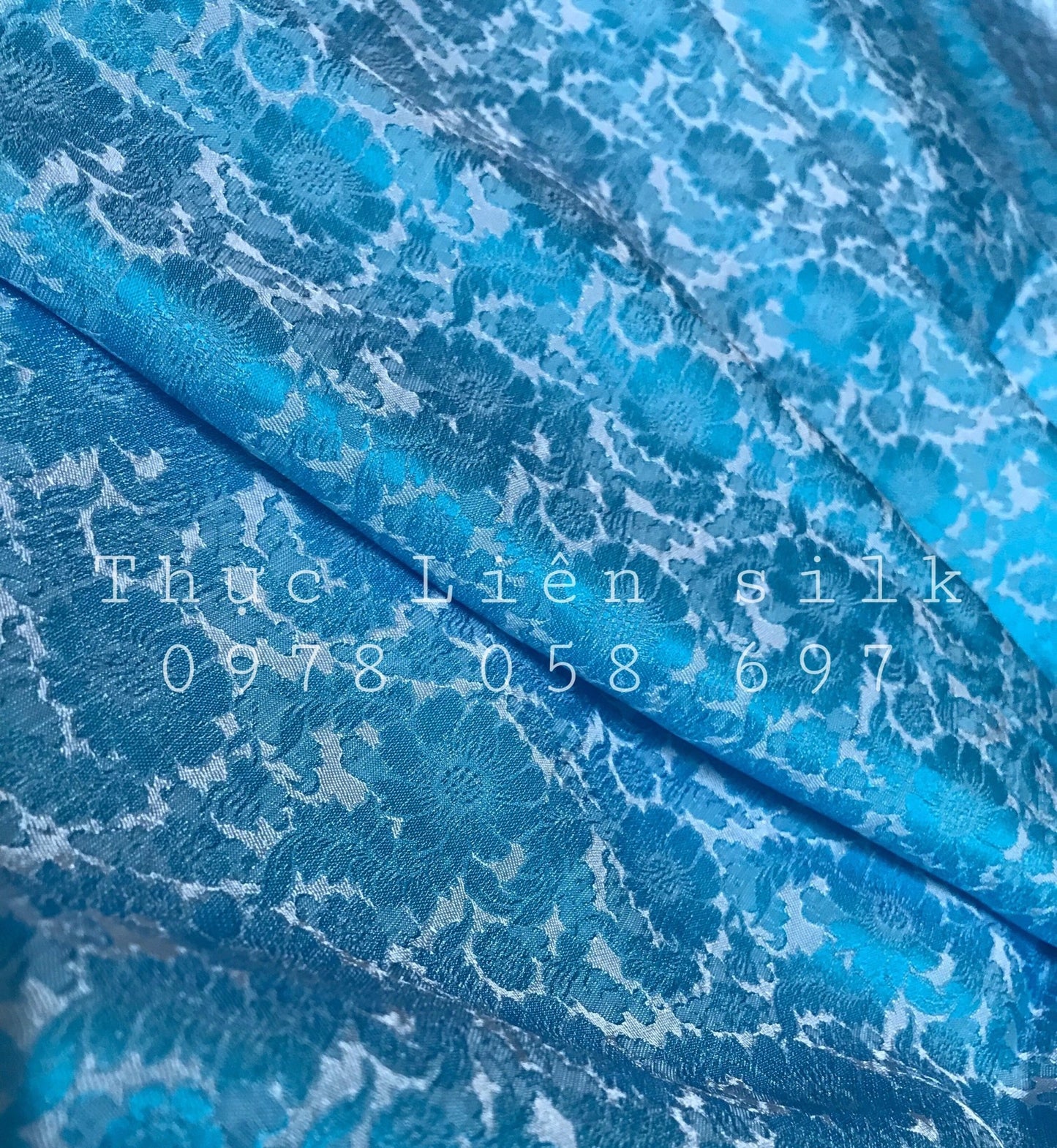 Blue silk with Daisy chrysanthemums - PURE MULBERRY SILK fabric by the yard - Floral Silk -Luxury Silk - Natural silk - Handmade in VietNam