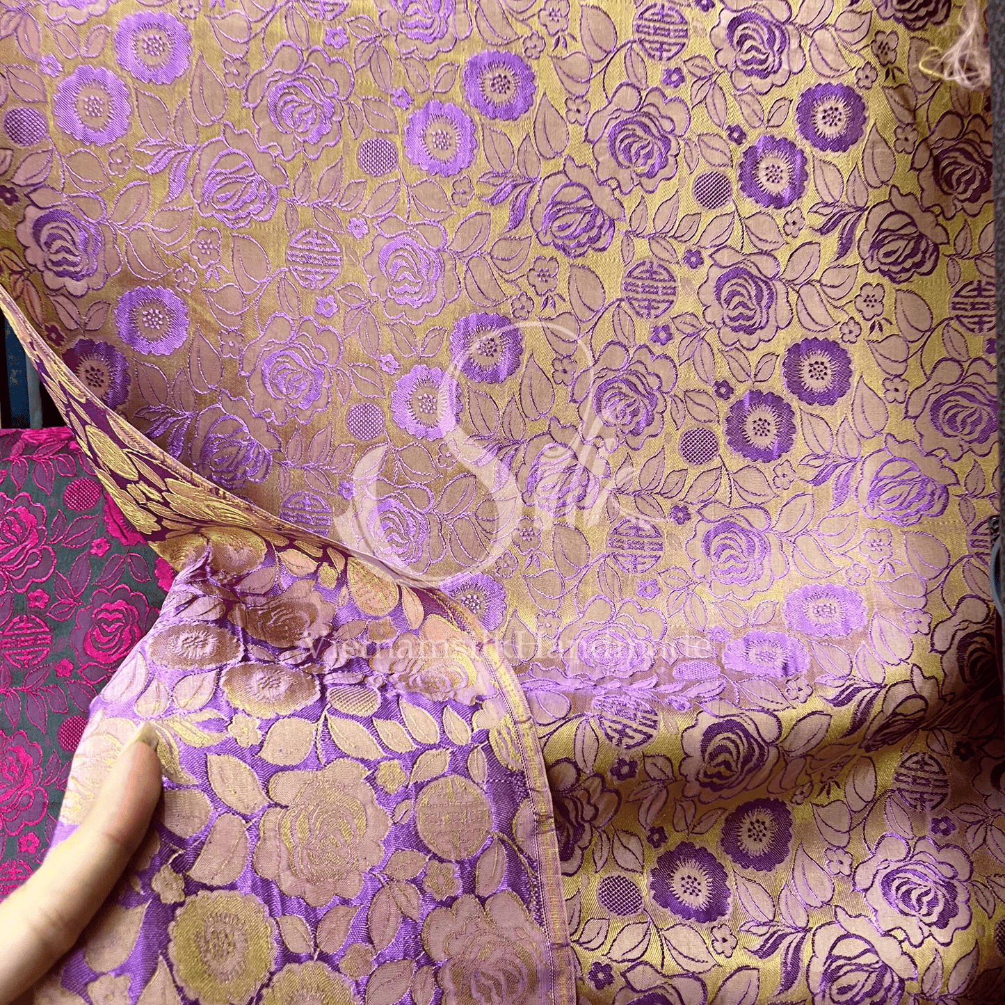 Bronze Silk with Purple Flowers - PURE MULBERRY SILK fabric by the yard - Floral Silk - Rose Silk -Luxury Silk - Natural silk - Handmade in VietNam