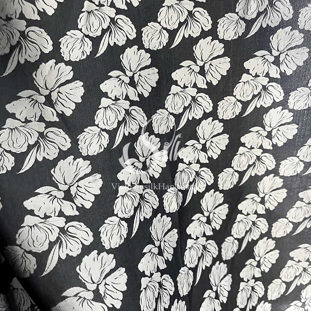 Black Silk with Big Silver Flowers - PURE MULBERRY SILK fabric by the yard - Floral Silk -Luxury Silk - Natural silk - Handmade in VietNam- Silk with Design
