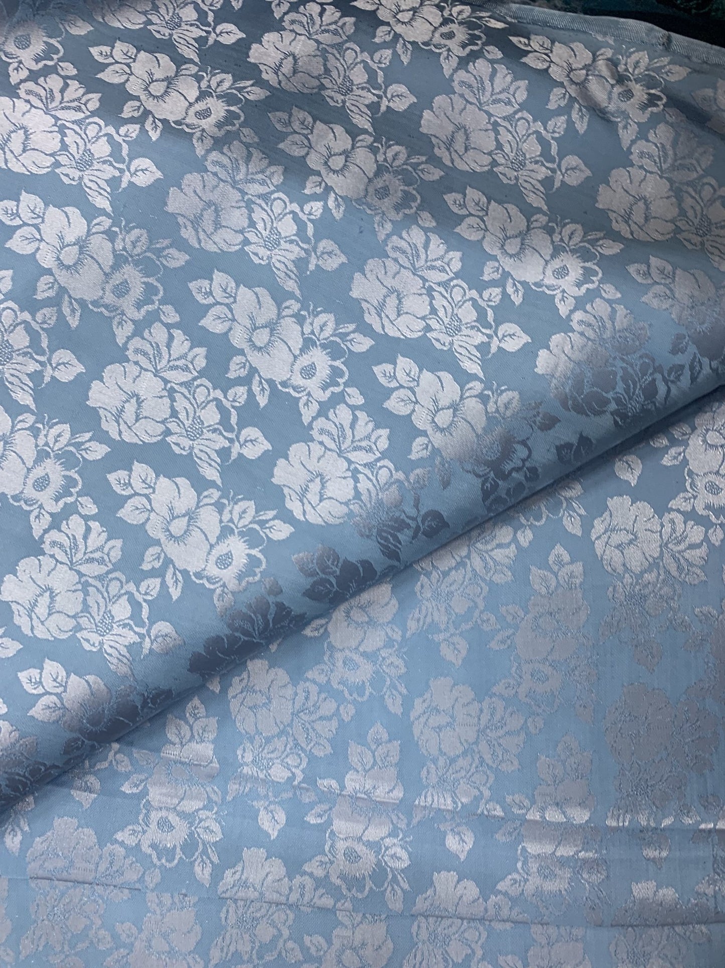 Baby Blue Silk with Flowers - PURE MULBERRY SILK fabric by the yard - Floral Silk -Luxury Silk - Natural silk - Handmade in VietNam- Silk with Design