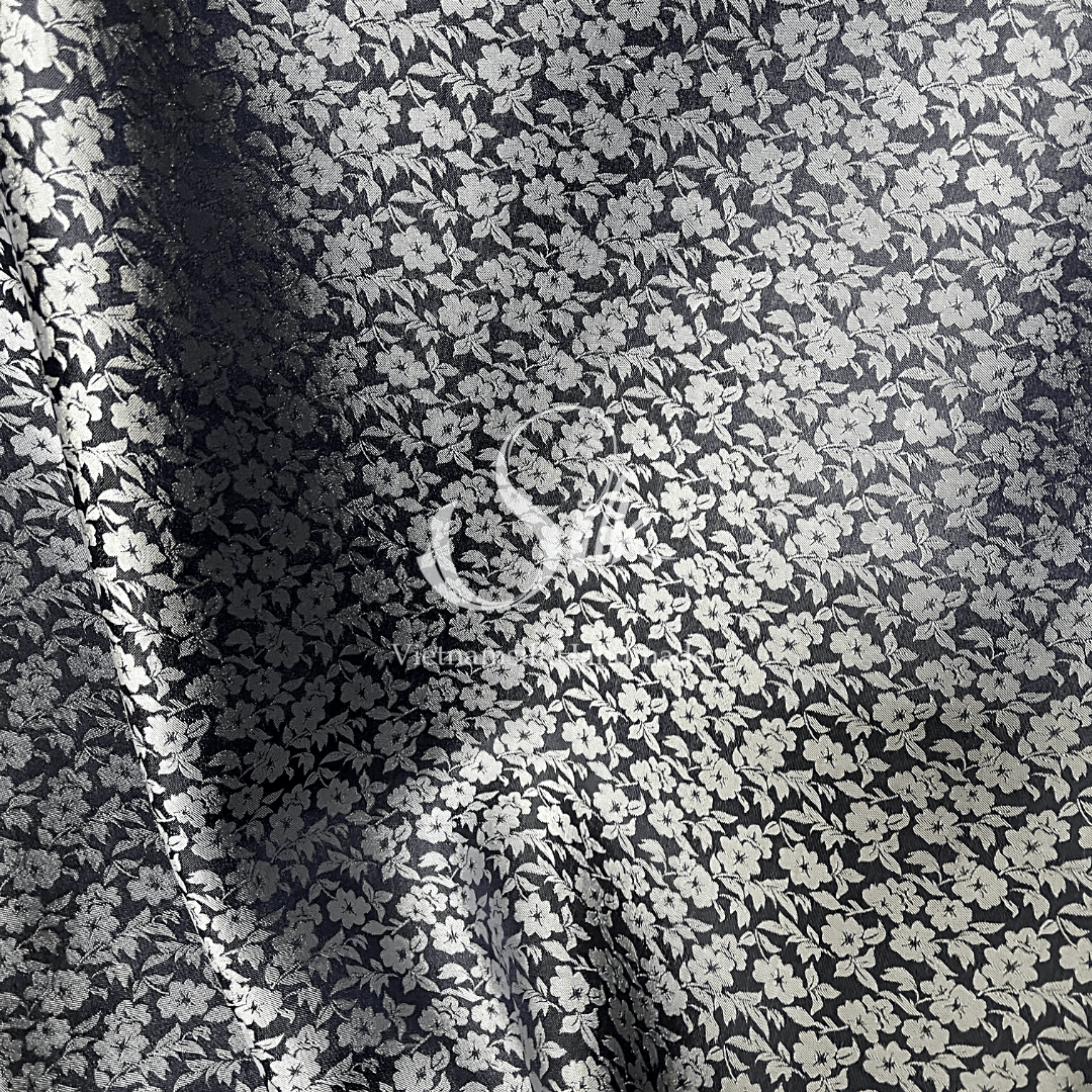 Black Silk with Gray Flowers - Little Flowers design - PURE MULBERRY SILK fabric by the yard - Floral Silk -Luxury Silk - Natural silk - Handmade in VietNam- Silk with Design