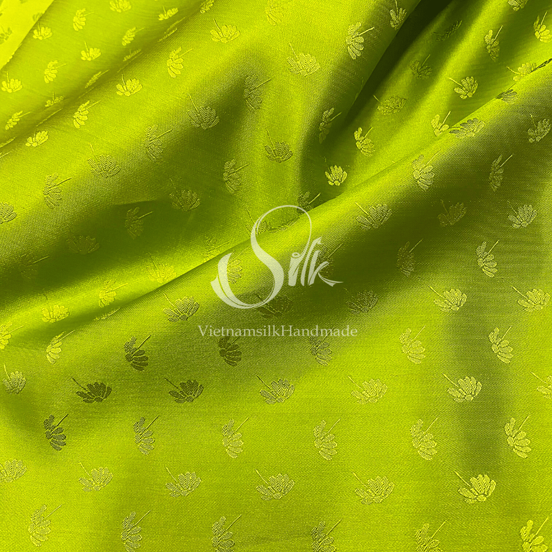 Chartreuse Green Silk with Dandelion Flowers - PURE MULBERRY SILK fabric by the yard -  Floral Silk -Luxury Silk - Natural silk - Handmade in VietNam