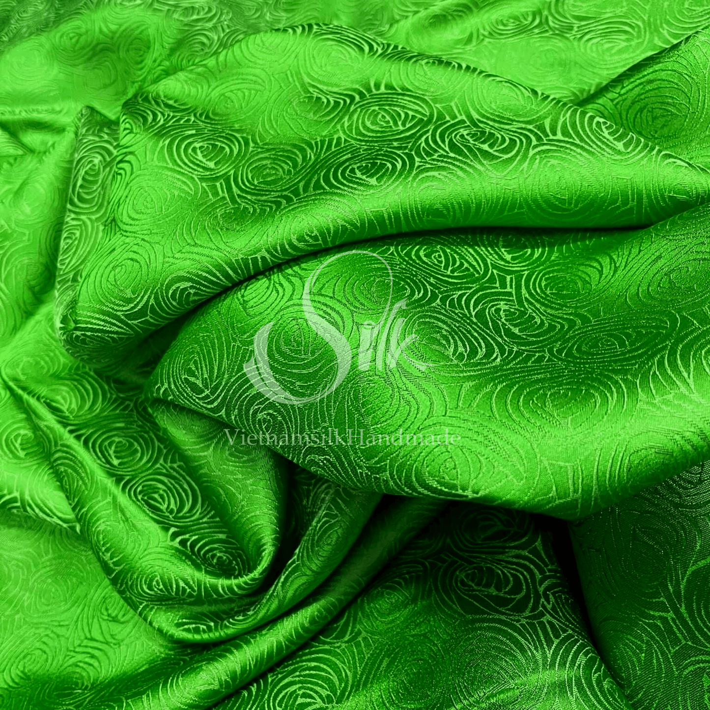 Chartreuse Green Silk with Cabbage Flowers -PURE MULBERRY SILK fabric by the yard - Floral Silk -Luxury Silk - Natural silk - Handmade in VietNam