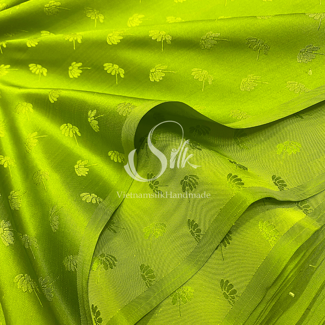 Chartreuse Green Silk with Dandelion Flowers - PURE MULBERRY SILK fabric by the yard -  Floral Silk -Luxury Silk - Natural silk - Handmade in VietNam