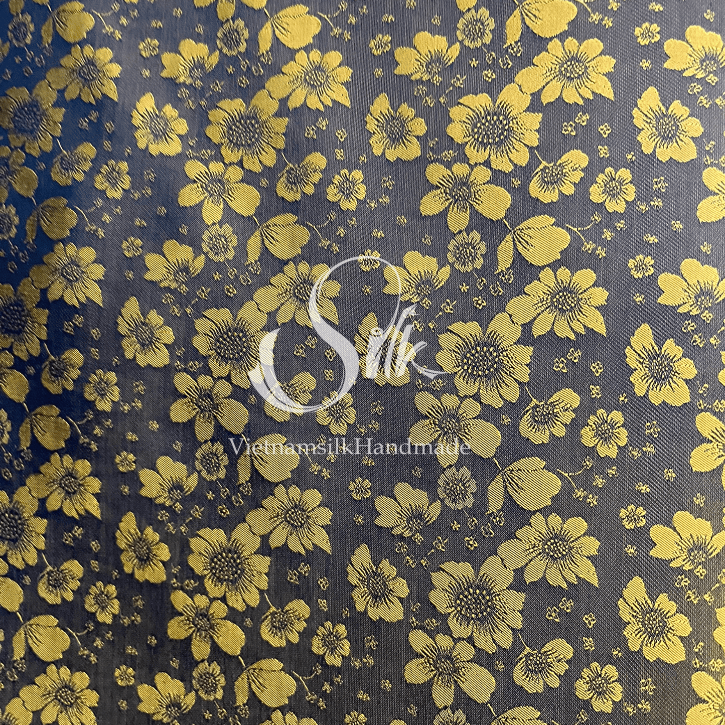 Black Navy Silk with Yellow Flowers - PURE MULBERRY SILK fabric by the yard -  Floral Silk -Luxury Silk - Natural silk - Handmade in VietNam