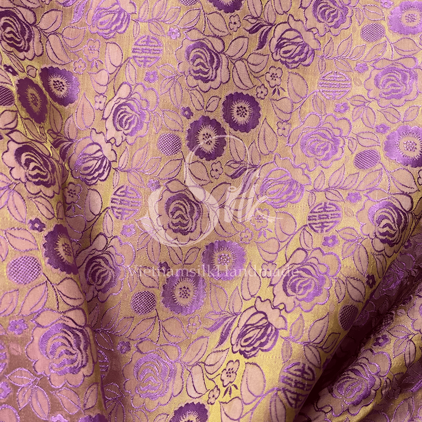 Bronze Silk with Purple Flowers - PURE MULBERRY SILK fabric by the yard - Floral Silk - Rose Silk -Luxury Silk - Natural silk - Handmade in VietNam