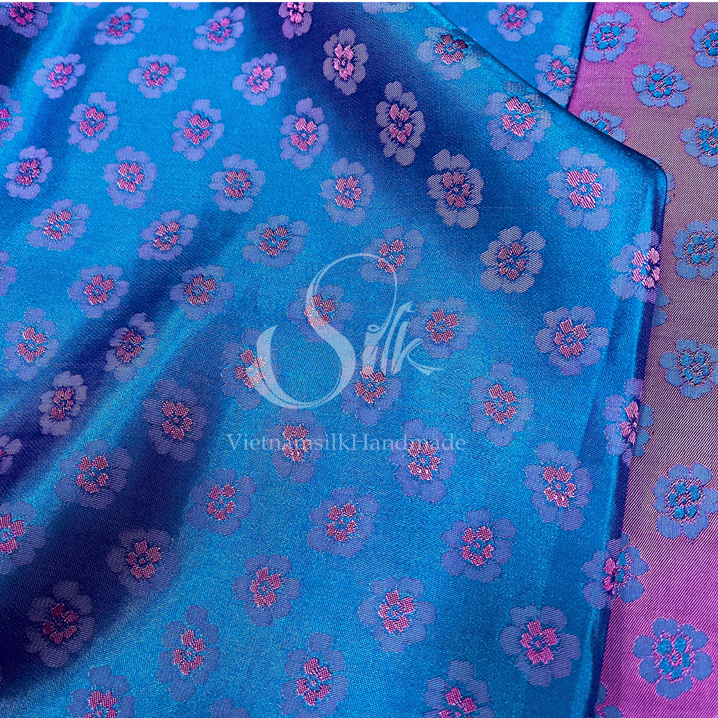 Peach flowers Pattern - Blue Silk with Pink Flowers - PURE MULBERRY SILK fabric by the yard -  Floral Silk -Luxury Silk - Natural silk - Handmade in VietNam