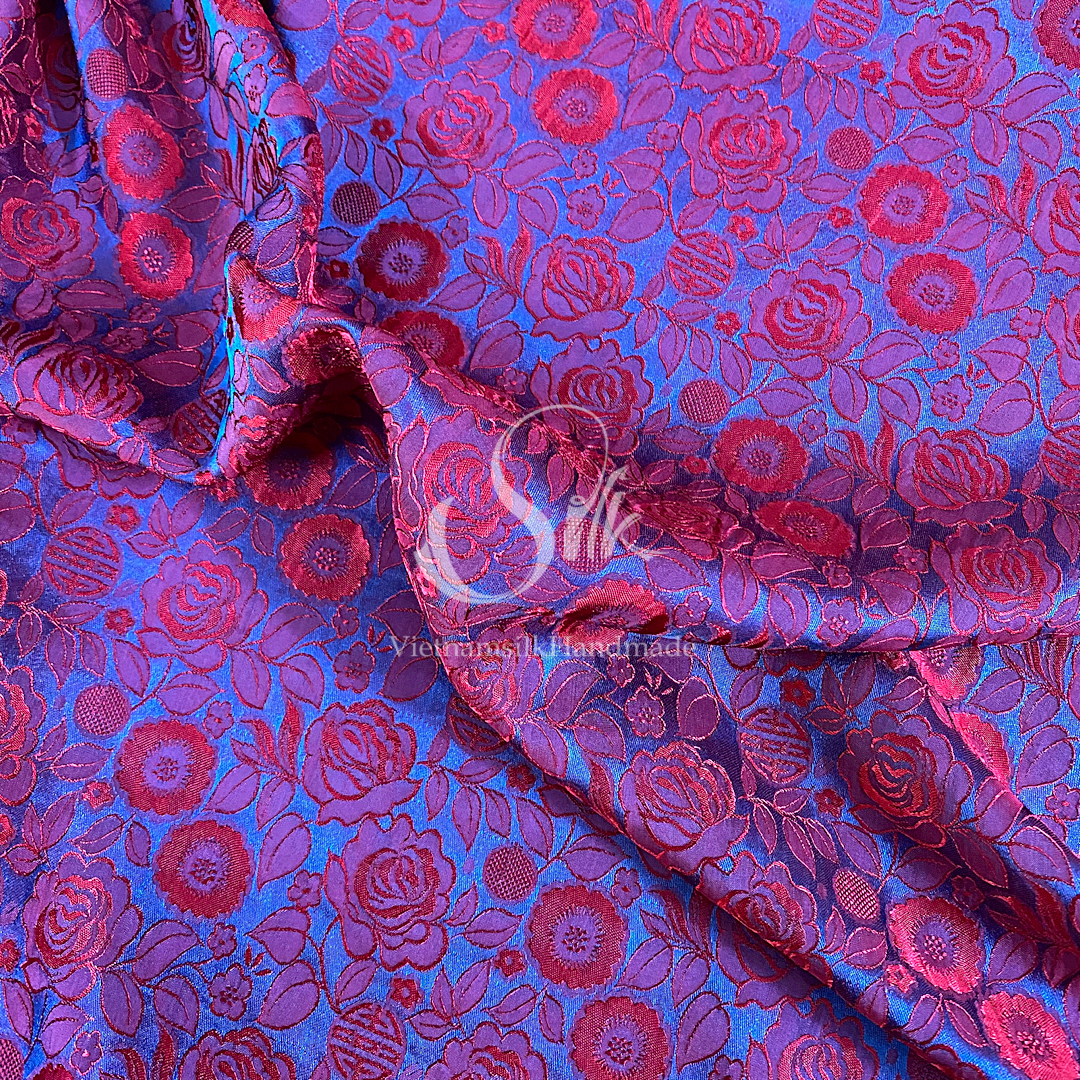 Navy Silk with Red Flowers - Rose Pattern - PURE MULBERRY SILK fabric by the yard -  Floral Silk - Rose Silk -Luxury Silk - Natural silk - Handmade in VietNam- Silk with Design