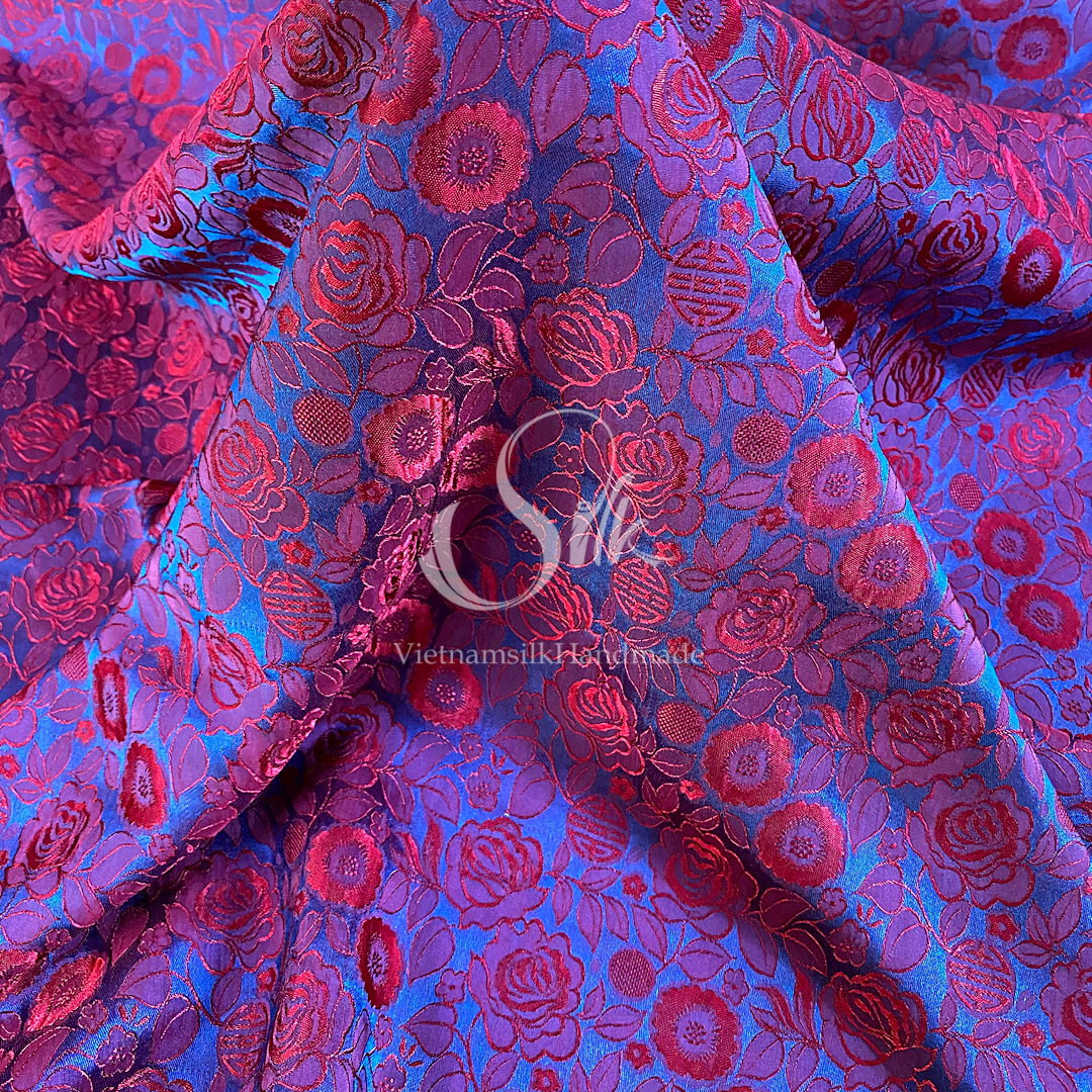 Navy Silk with Red Flowers - Rose Pattern - PURE MULBERRY SILK fabric by the yard -  Floral Silk - Rose Silk -Luxury Silk - Natural silk - Handmade in VietNam- Silk with Design