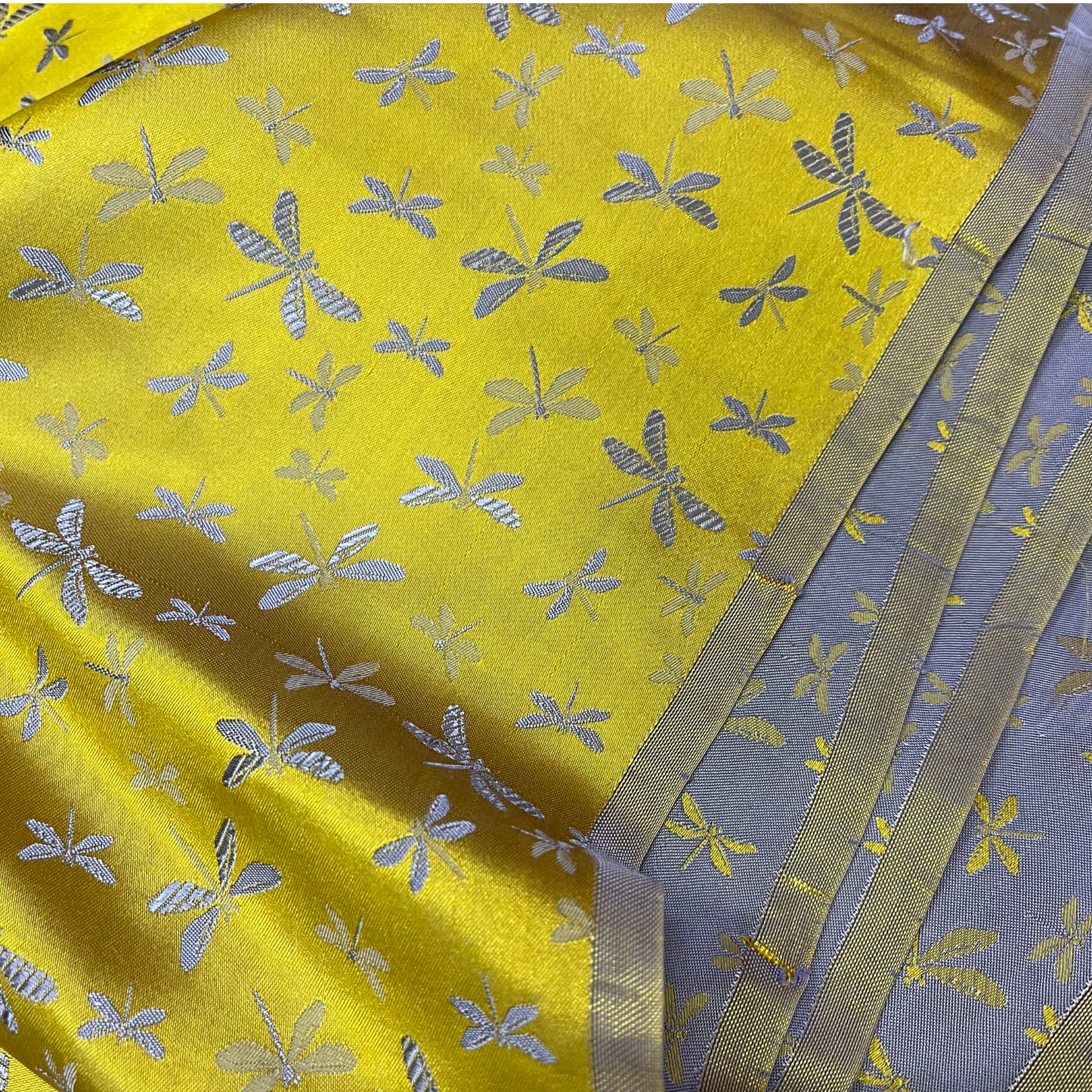Yellow silk with Dragonfly patterns - PURE MULBERRY SILK fabric by the yard - Dragonfly silk -Luxury Silk - Natural silk - Handmade in VietNam