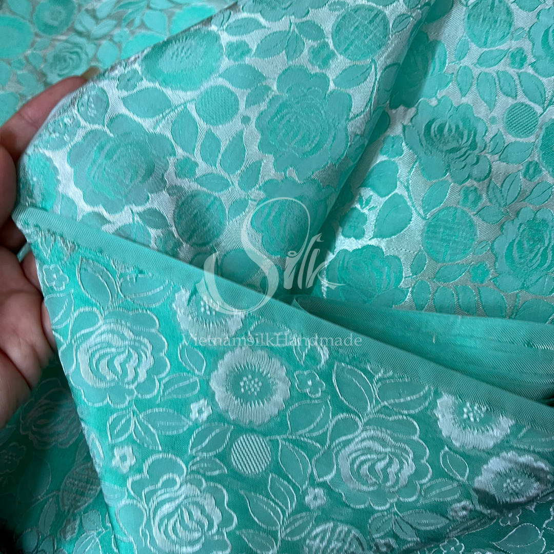 Turquoise Green Silk with Flowers - PURE MULBERRY SILK fabric by the yard -  Floral Silk - Rose Silk -Luxury Silk - Natural silk - Handmade in VietNam