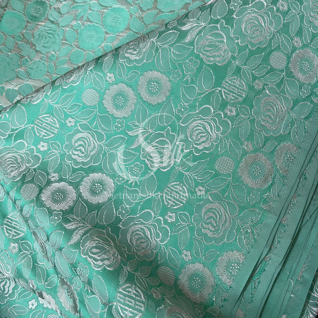 Turquoise Green Silk with Flowers - PURE MULBERRY SILK fabric by the yard -  Floral Silk - Rose Silk -Luxury Silk - Natural silk - Handmade in VietNam