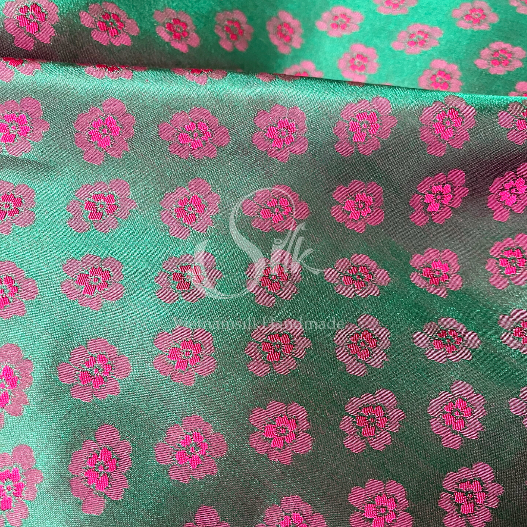 Green Silk with Peach flowers Pattern - PURE MULBERRY SILK fabric by the yard -  Floral Silk -Luxury Silk - Natural silk - Handmade in VietNam