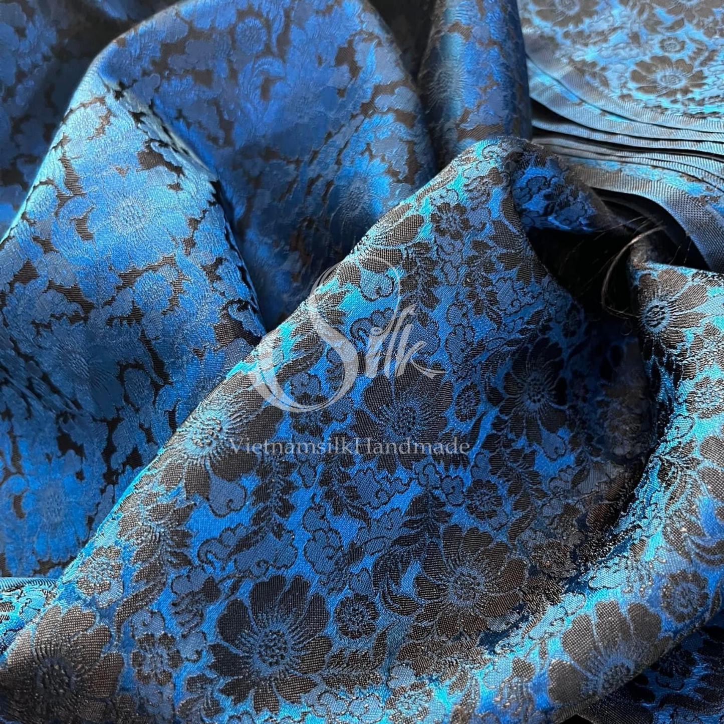 Navy Silk with Daisy Flowers -PURE MULBERRY SILK fabric by the yard - Floral Silk -Luxury Silk - Natural silk - Handmade in VietNam- Silk with Design