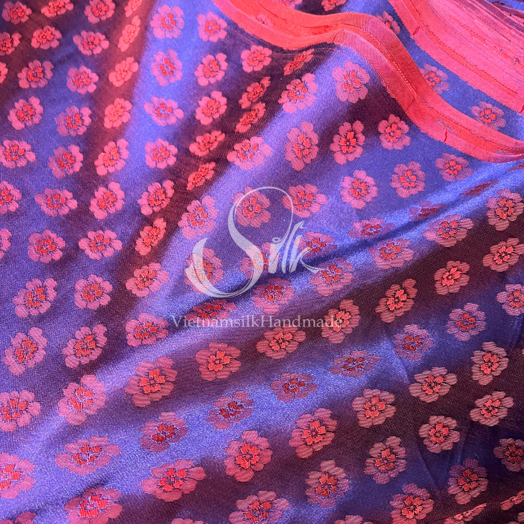Purple Silk with Peach flowers Pattern - PURE MULBERRY SILK fabric by the yard -  Floral Silk -Luxury Silk - Natural silk - Handmade in VietNam