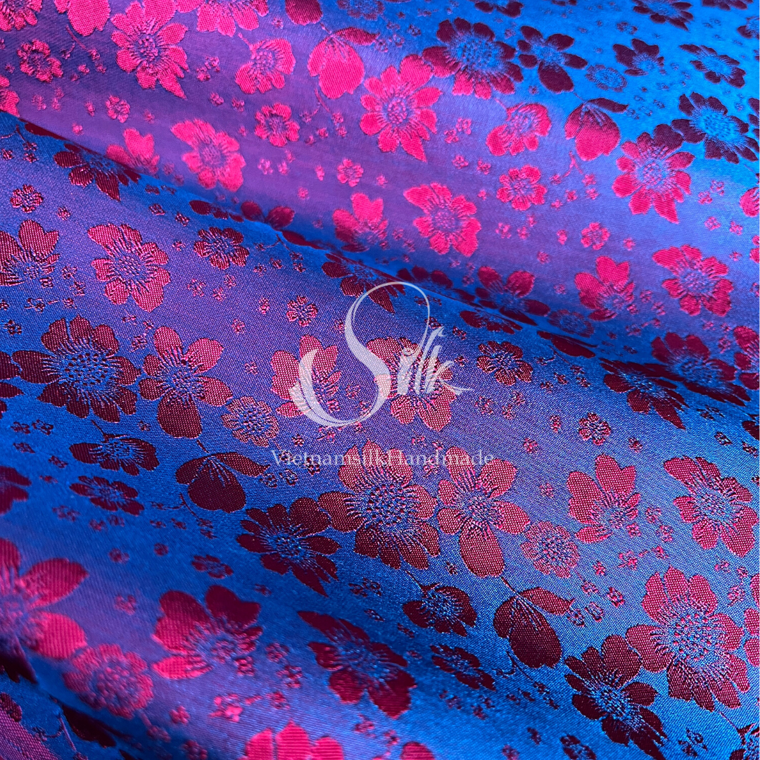 Navy Silk with Hot Pink Flowers - PURE MULBERRY SILK fabric by the yard -  Floral Silk -Luxury Silk - Natural silk - Handmade in VietNam