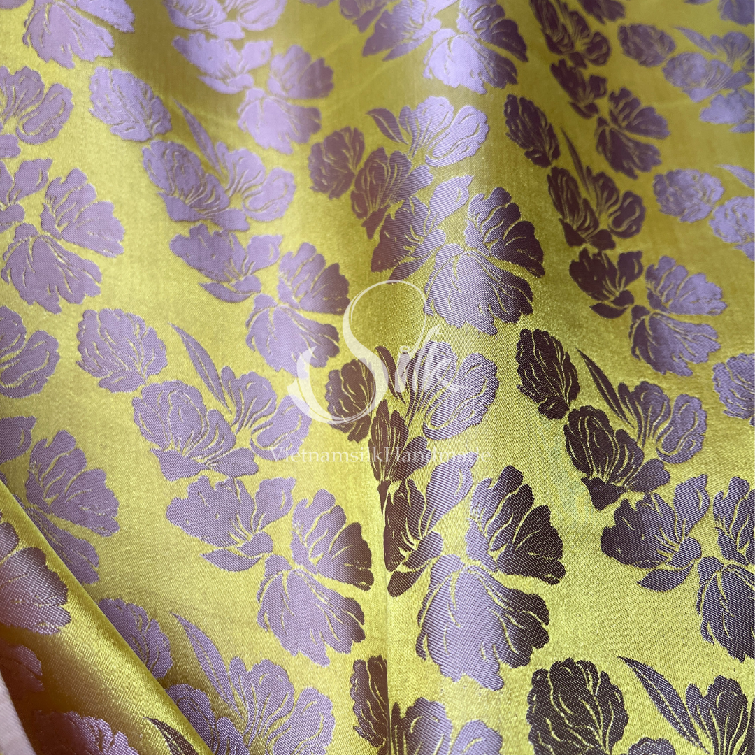 Yellow Silk with Big Bronze Flowers - PURE MULBERRY SILK fabric by the yard -  Floral Silk -Luxury Silk - Natural silk - Handmade in VietNam