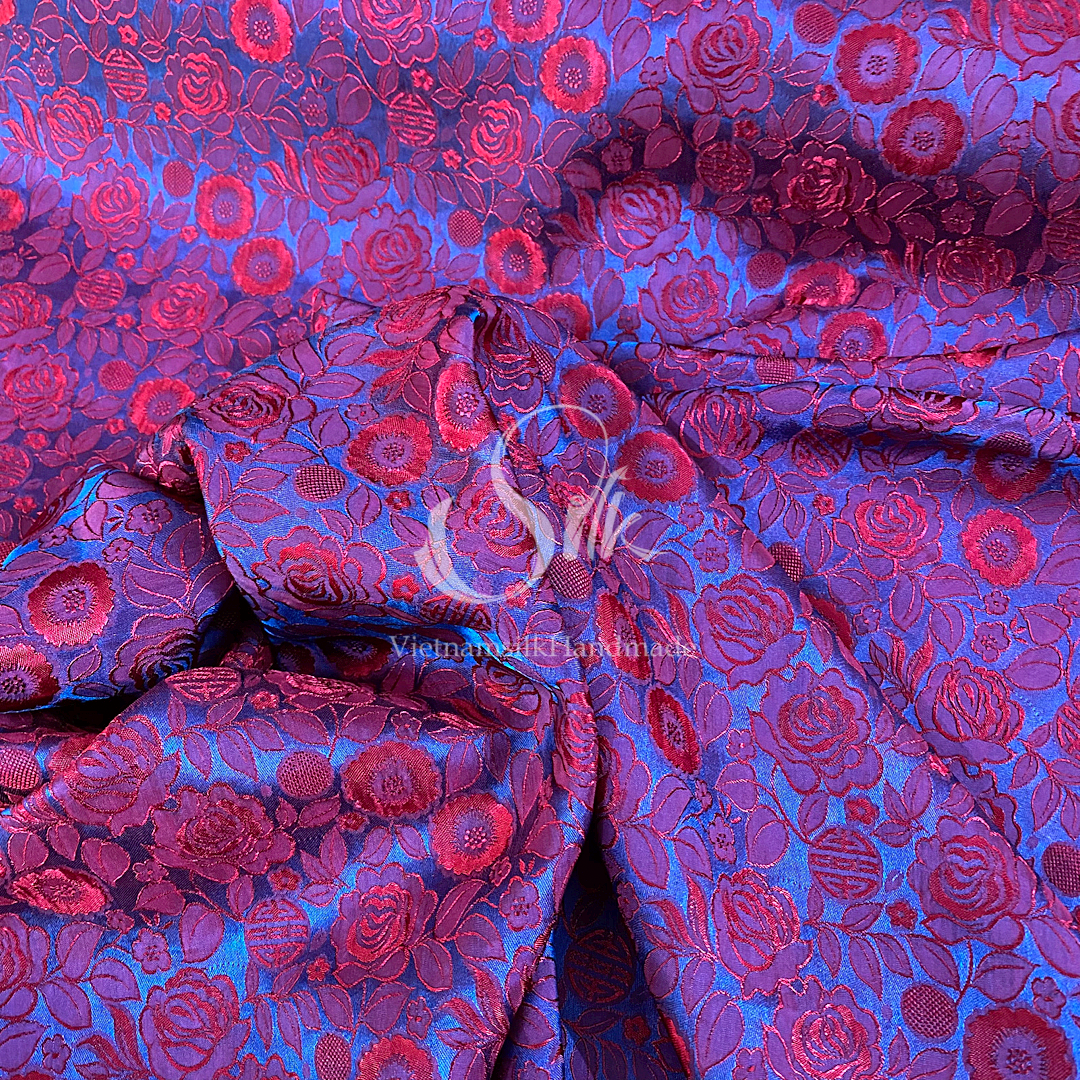 Navy Silk with Red Flowers - Rose Pattern - PURE MULBERRY SILK fabric by the yard -  Floral Silk - Rose Silk -Luxury Silk - Natural silk - Handmade in VietNam- Silk with Design