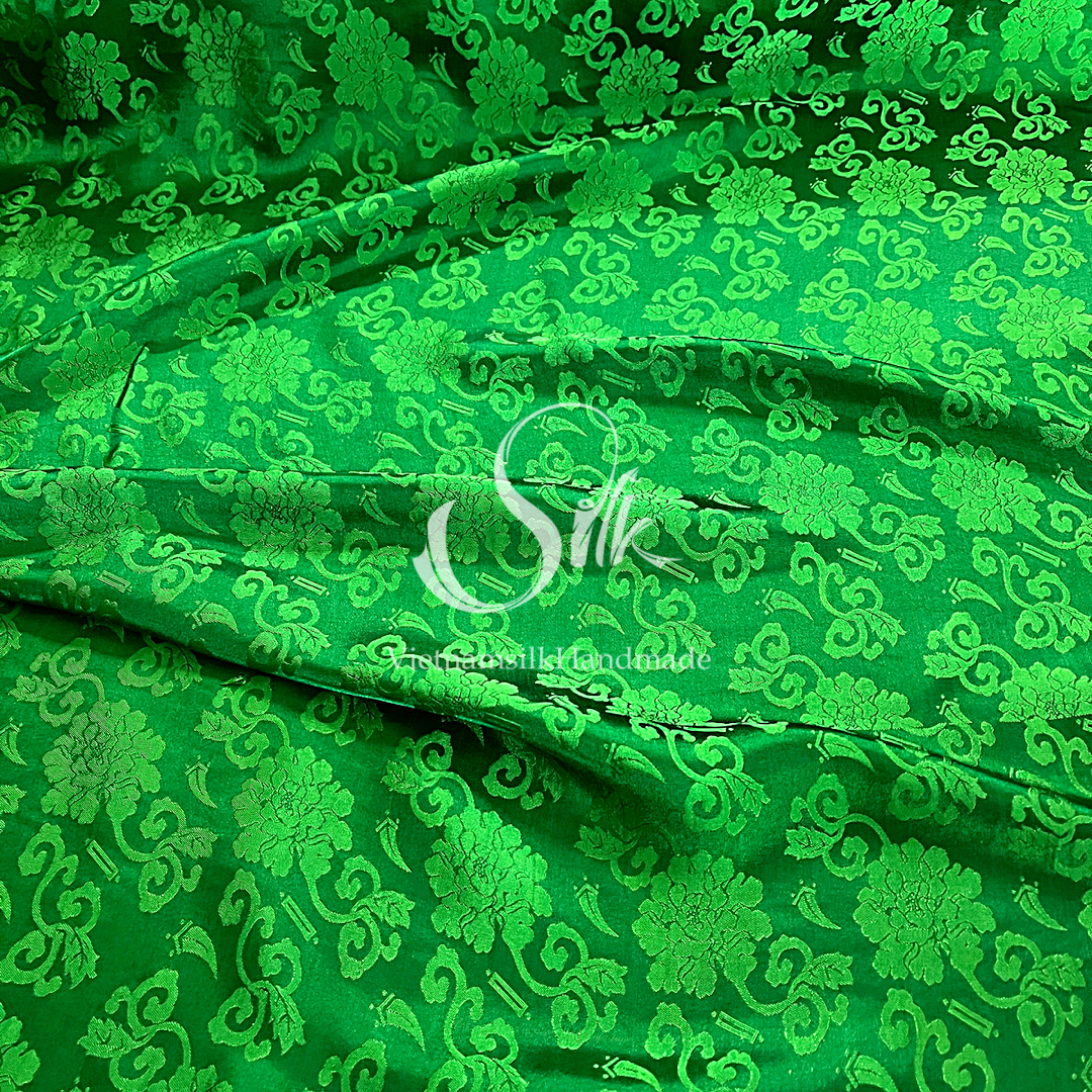 Green Silk with Flowers - PURE MULBERRY SILK fabric by the yard -  Floral Silk -Luxury Silk - Natural silk - Handmade in VietNam- Silk with Design
