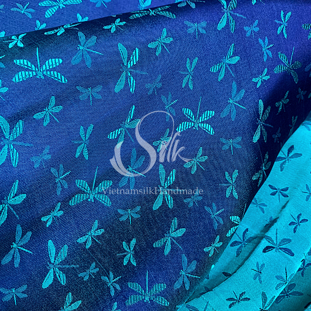 Navy silk with Dragonfly patterns - PURE MULBERRY SILK fabric by the yard - Dragonfly silk -Luxury Silk - Natural silk - Handmade in VietNam