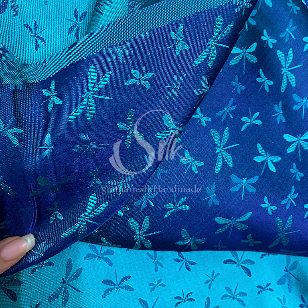 Navy silk with Dragonfly patterns - PURE MULBERRY SILK fabric by the yard - Dragonfly silk -Luxury Silk - Natural silk - Handmade in VietNam