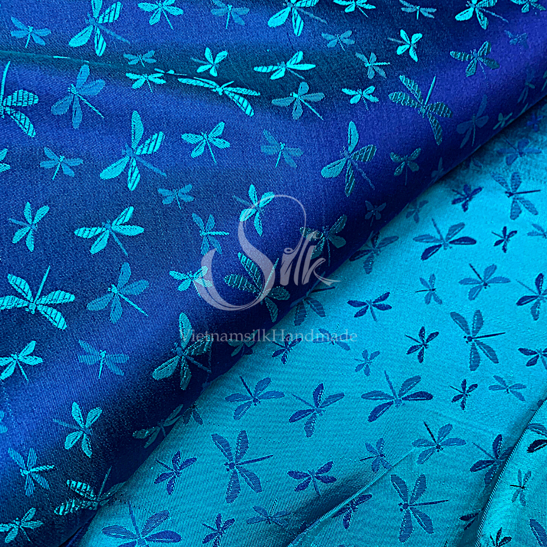 Navy silk with Dragonfly patterns - PURE MULBERRY SILK fabric by the yard - Dragonfly silk -Luxury Silk - Natural silk - Handmade in VietNam
