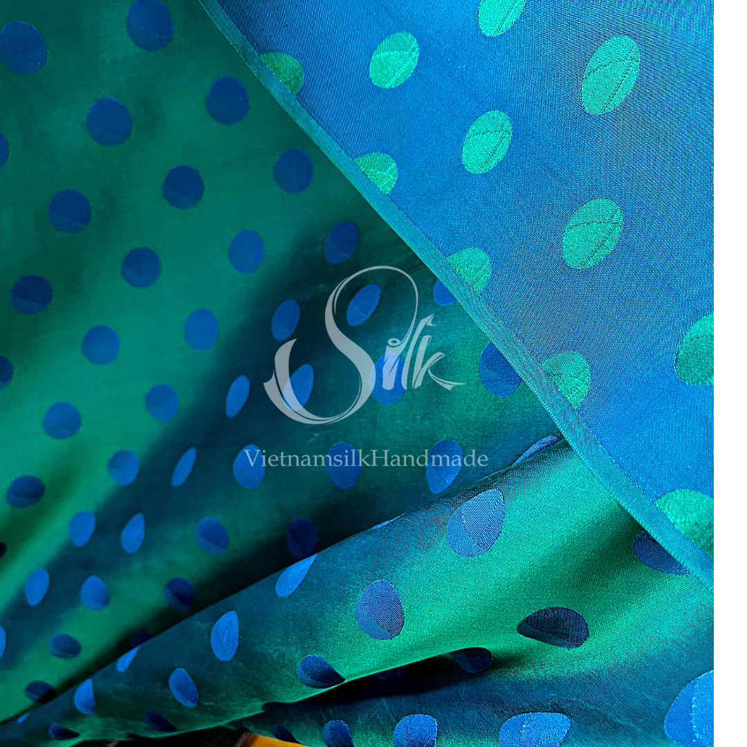 Mallard Green - Peacock Blue - Silk with Big Dots - PURE MULBERRY SILK fabric by the yard - Polkadot silk -Luxury Silk - Natural silk - Handmade in VietNam