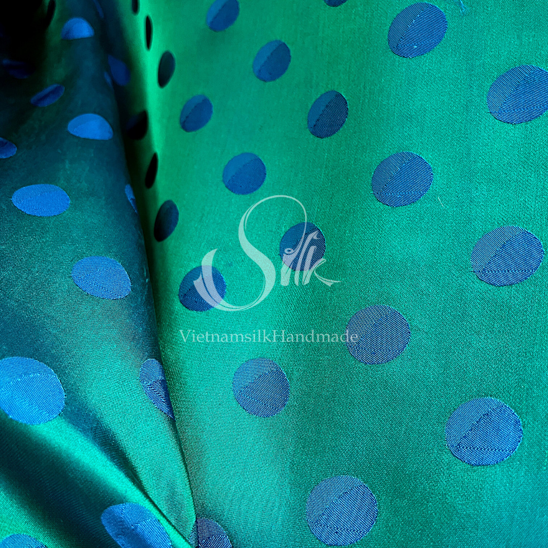 Mallard Green - Peacock Blue - Silk with Big Dots - PURE MULBERRY SILK fabric by the yard - Polkadot silk -Luxury Silk - Natural silk - Handmade in VietNam