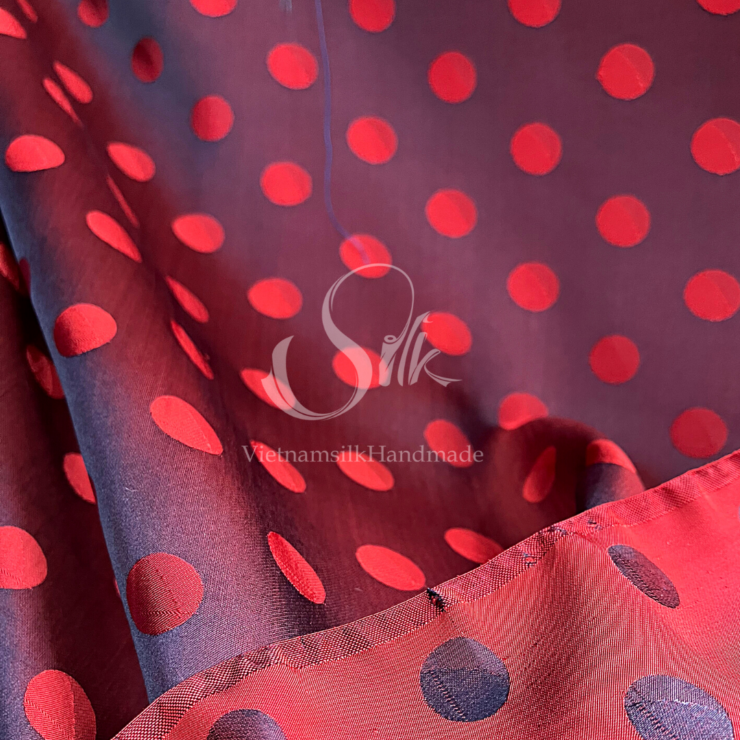 Red Black Silk with Big Dots - PURE MULBERRY SILK fabric by the yard - Polkadot silk -Luxury Silk - Natural silk - Handmade in VietNam