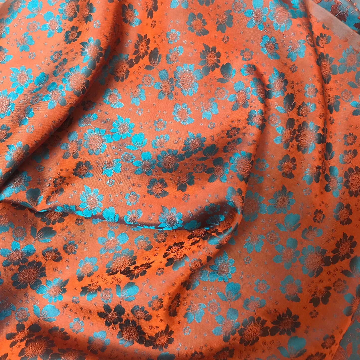 Orange flowers on Green silk - PURE MULBERRY SILK fabric by the yard - Green silk with flowers - Floral Silk -Luxury Silk - Natural silk - Handmade in VietNam