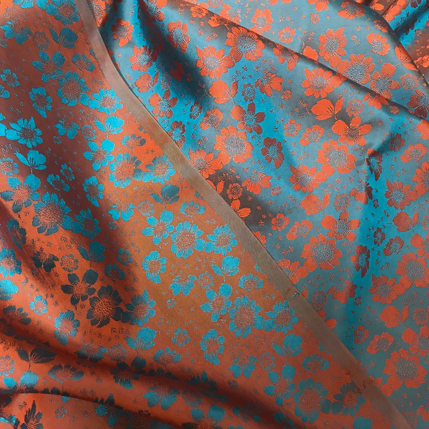 Orange flowers on Green silk - PURE MULBERRY SILK fabric by the yard - Green silk with flowers - Floral Silk -Luxury Silk - Natural silk - Handmade in VietNam