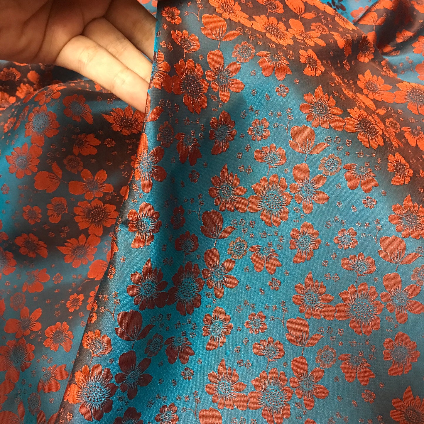 Orange flowers on Green silk - PURE MULBERRY SILK fabric by the yard - Green silk with flowers - Floral Silk -Luxury Silk - Natural silk - Handmade in VietNam