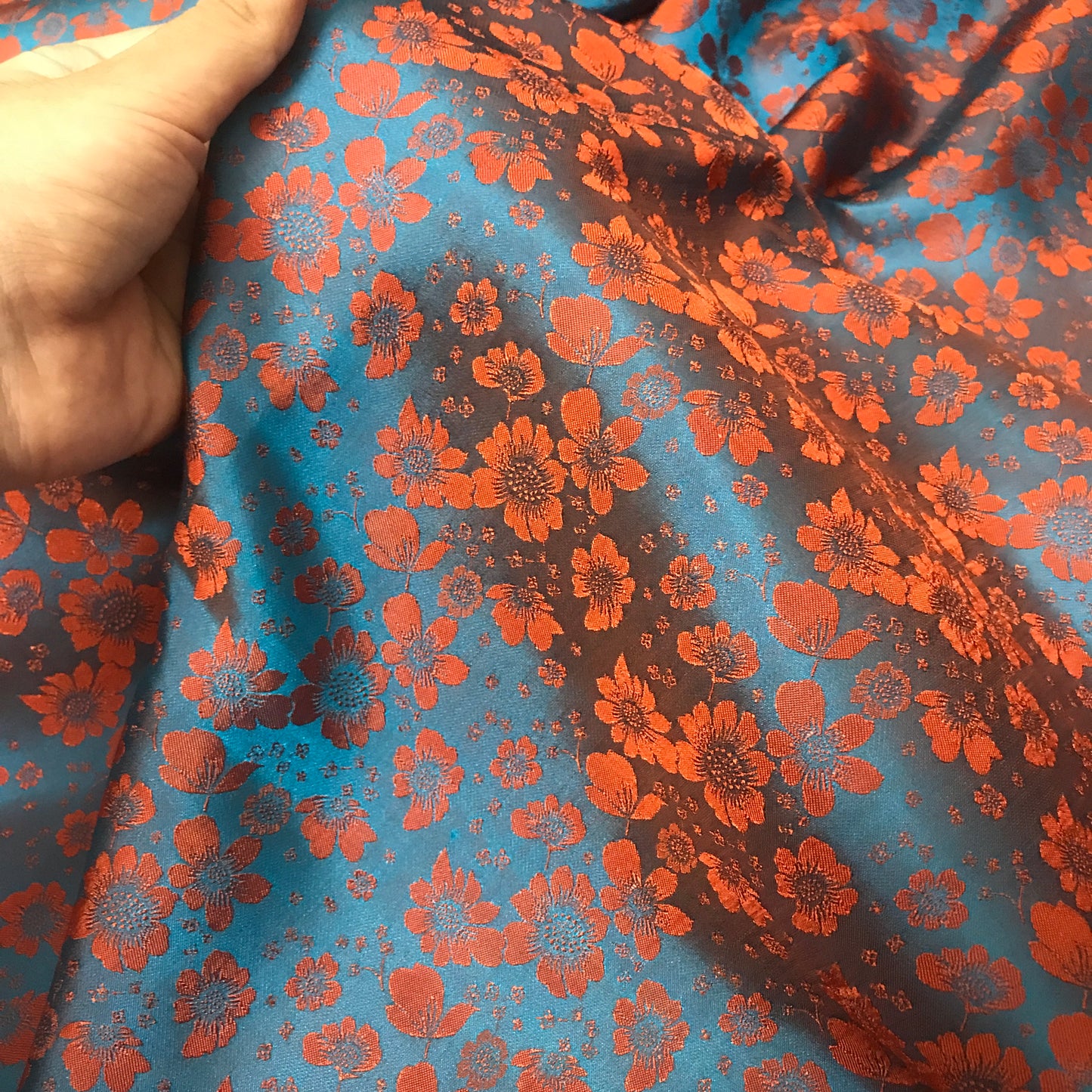 Orange flowers on Green silk - PURE MULBERRY SILK fabric by the yard - Green silk with flowers - Floral Silk -Luxury Silk - Natural silk - Handmade in VietNam