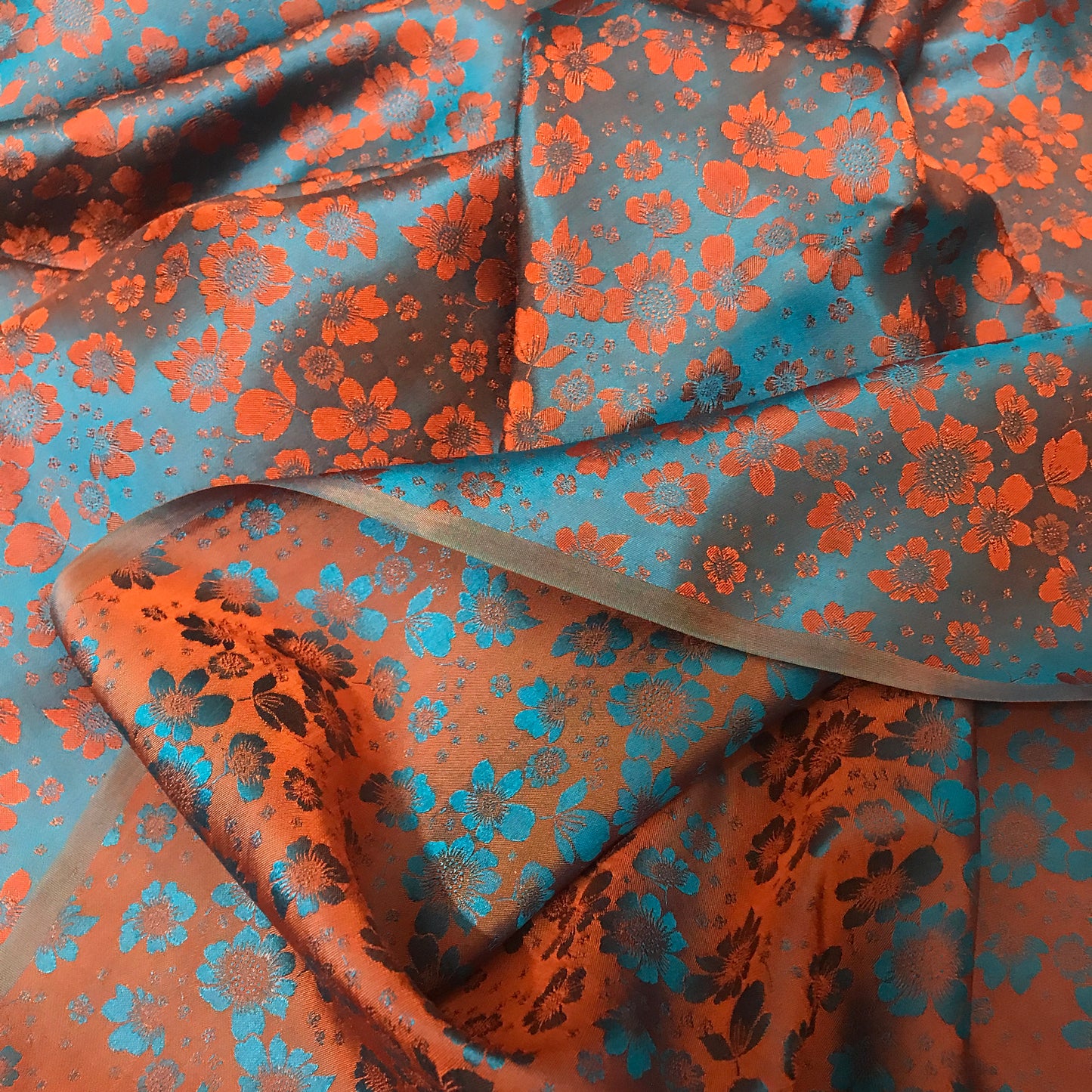 Orange flowers on Green silk - PURE MULBERRY SILK fabric by the yard - Green silk with flowers - Floral Silk -Luxury Silk - Natural silk - Handmade in VietNam