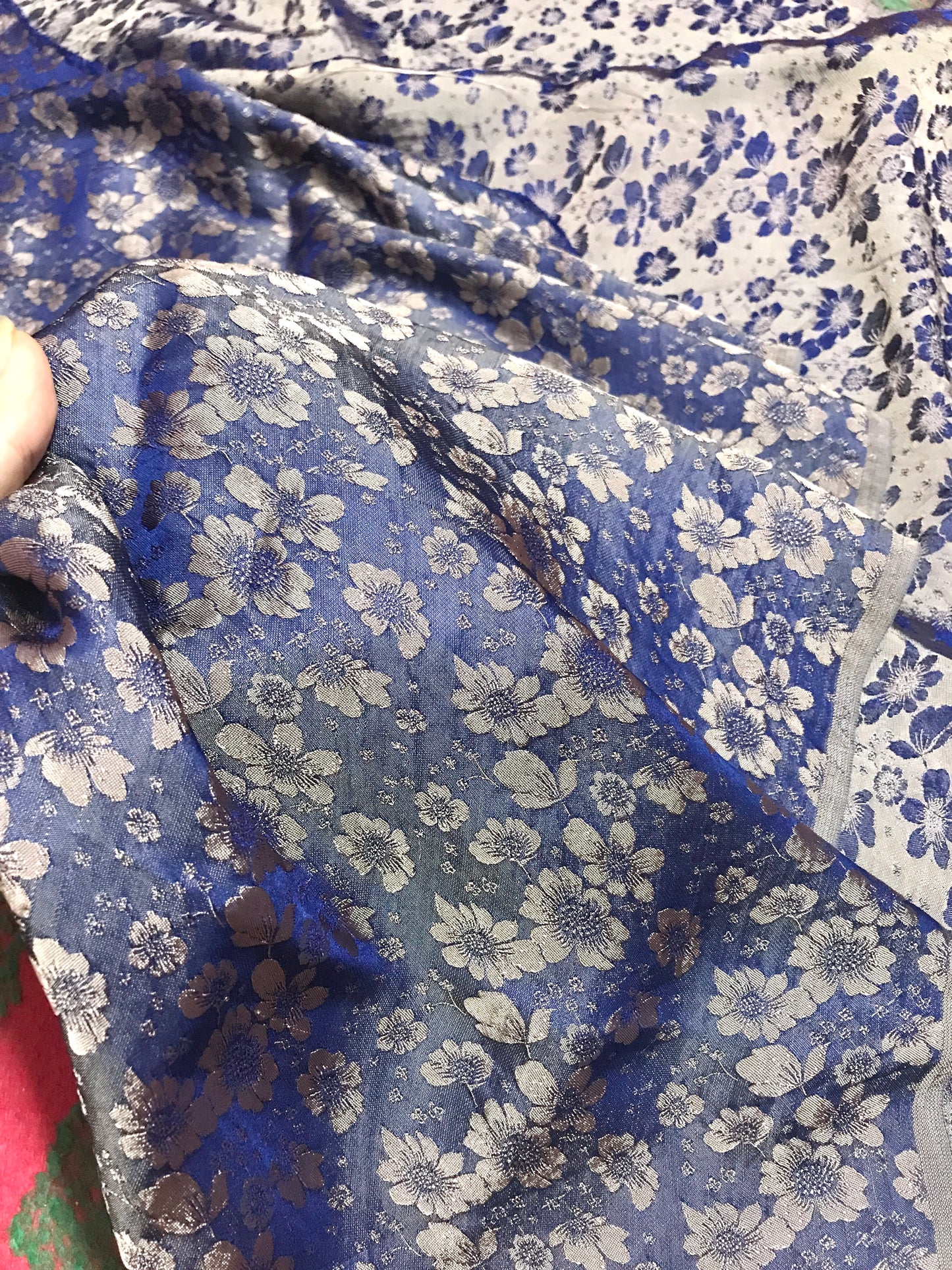 Grey flowers on Navy silk - PURE MULBERRY SILK fabric by the yard - Denim silk with flowers - Floral Silk -Luxury Silk - Natural silk - Handmade in VietNam