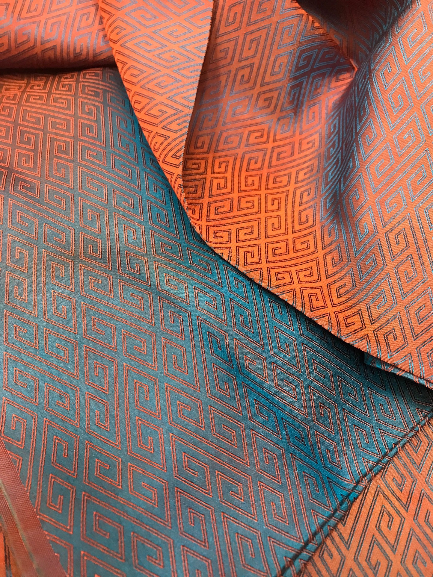 Green Silk with Orange Plaid pattern - PURE MULBERRY SILK fabric by the yard -Luxury Silk - Natural silk - Handmade in VietNam- Silk with Design