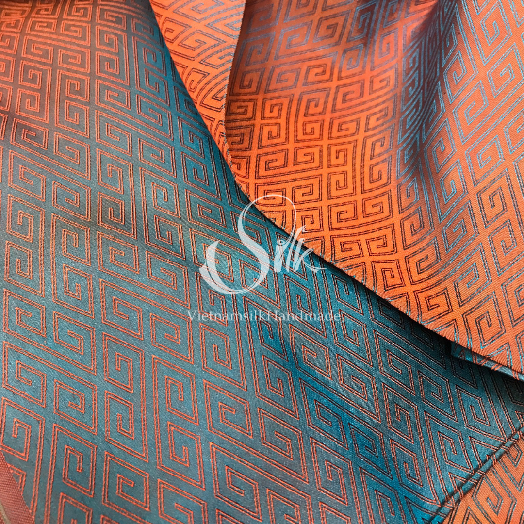 Green Silk with Orange Plaid pattern - PURE MULBERRY SILK fabric by the yard -Luxury Silk - Natural silk - Handmade in VietNam- Silk with Design