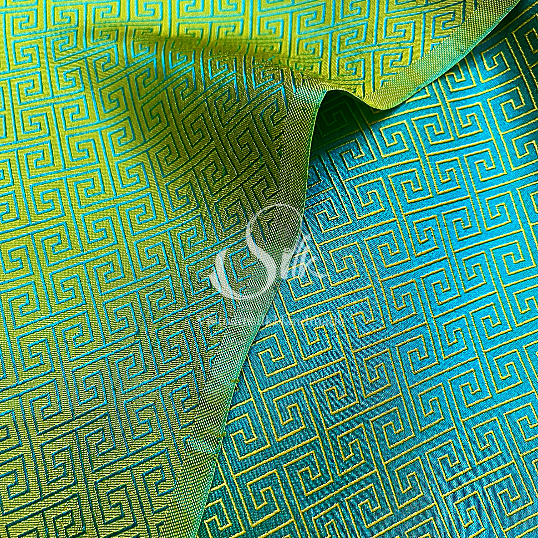 Turquoise Green Silk with Plaid pattern - PURE MULBERRY SILK fabric by the yard -Luxury Silk - Natural silk - Handmade in VietNam- Silk with Design