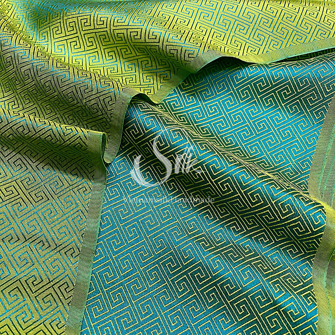Turquoise Green Silk with Plaid pattern - PURE MULBERRY SILK fabric by the yard -Luxury Silk - Natural silk - Handmade in VietNam- Silk with Design