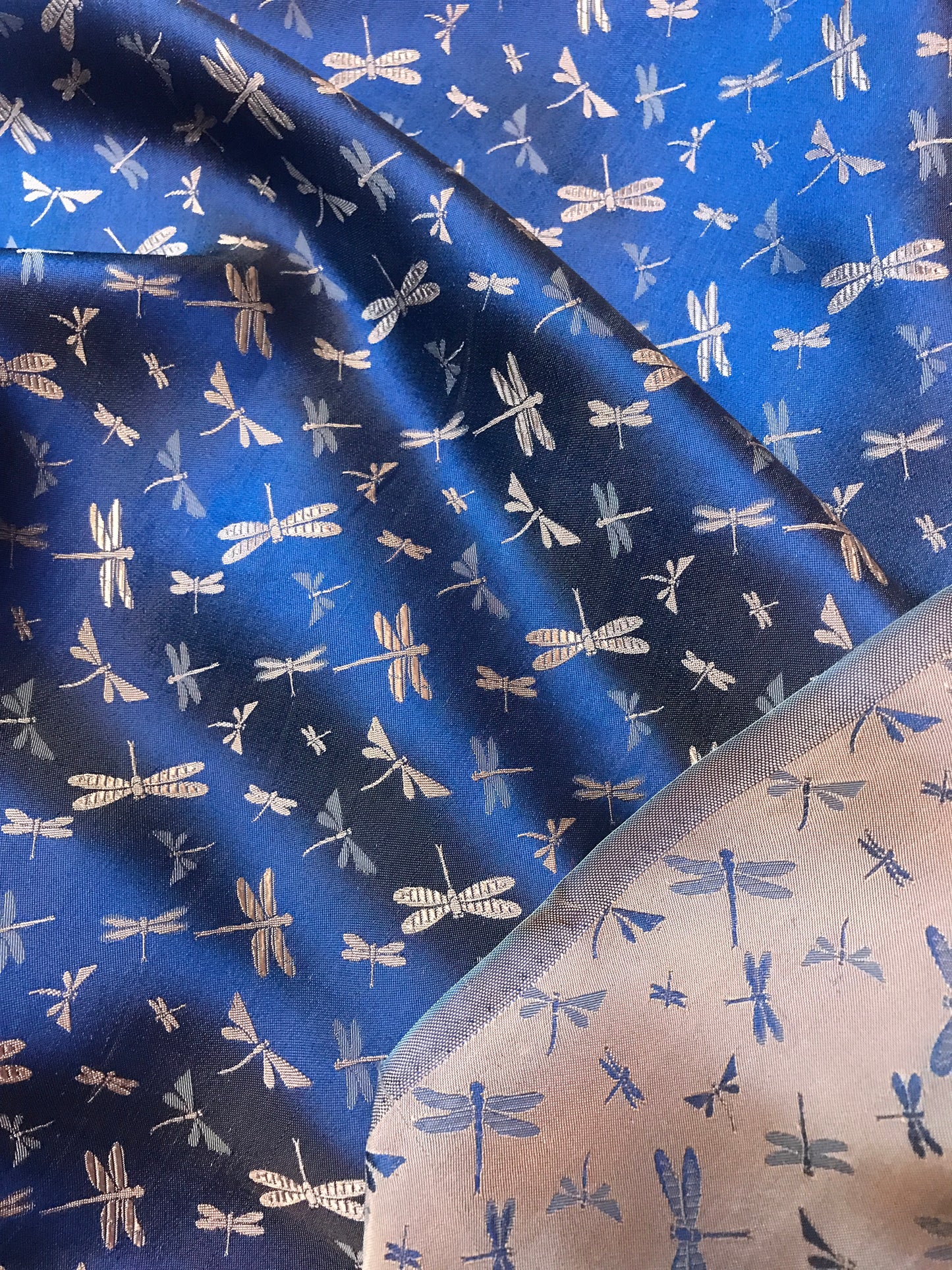 Navy silk with Bronze Dragonfly patterns - PURE MULBERRY SILK fabric by the yard - Gragonfly silk -Luxury Silk - Natural silk - Handmade in VietNam