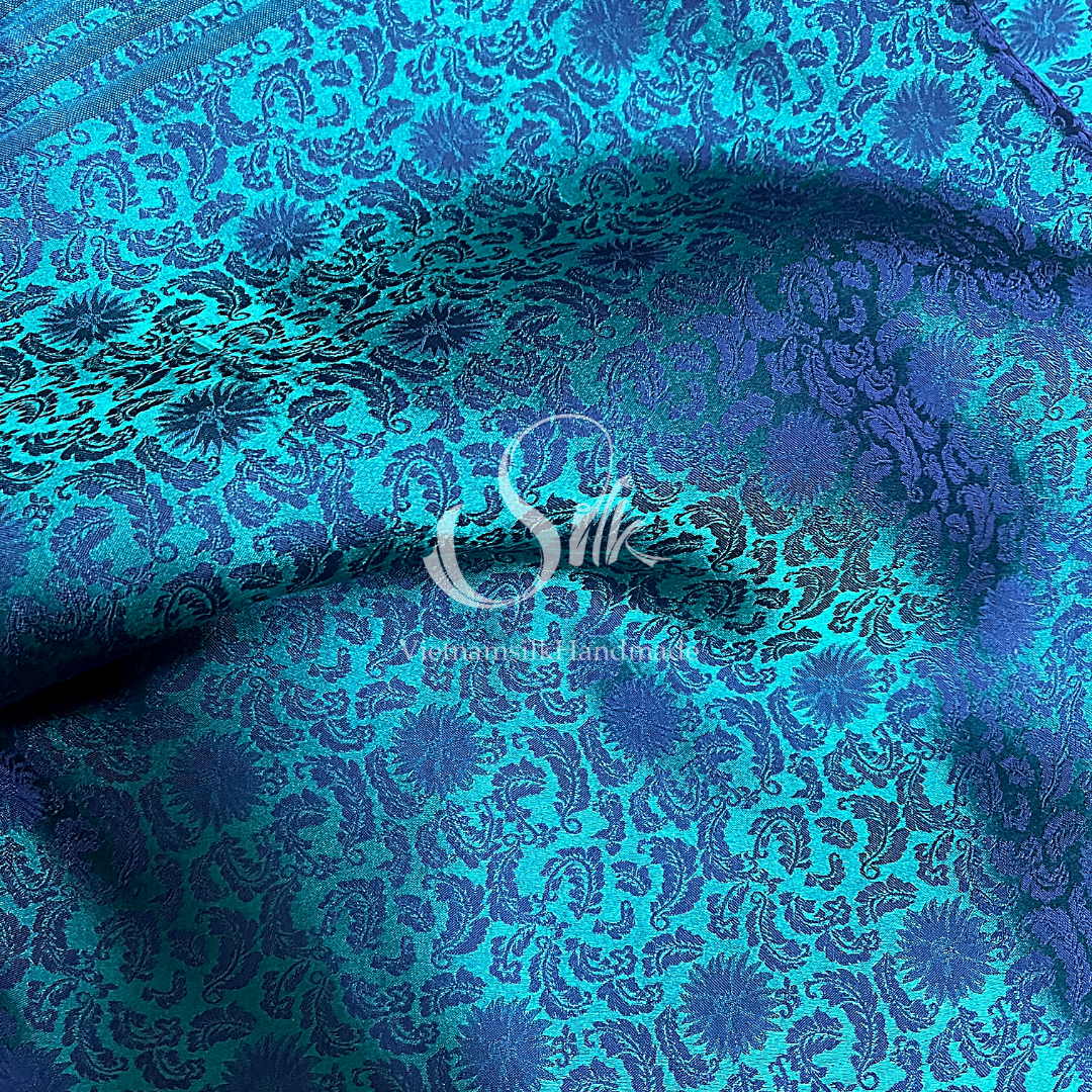 Mallard Green and Peacock Blue Silk with Flowers - PURE MULBERRY SILK fabric by the yard -  Floral Silk -Luxury Silk - Natural silk - Handmade in VietNam