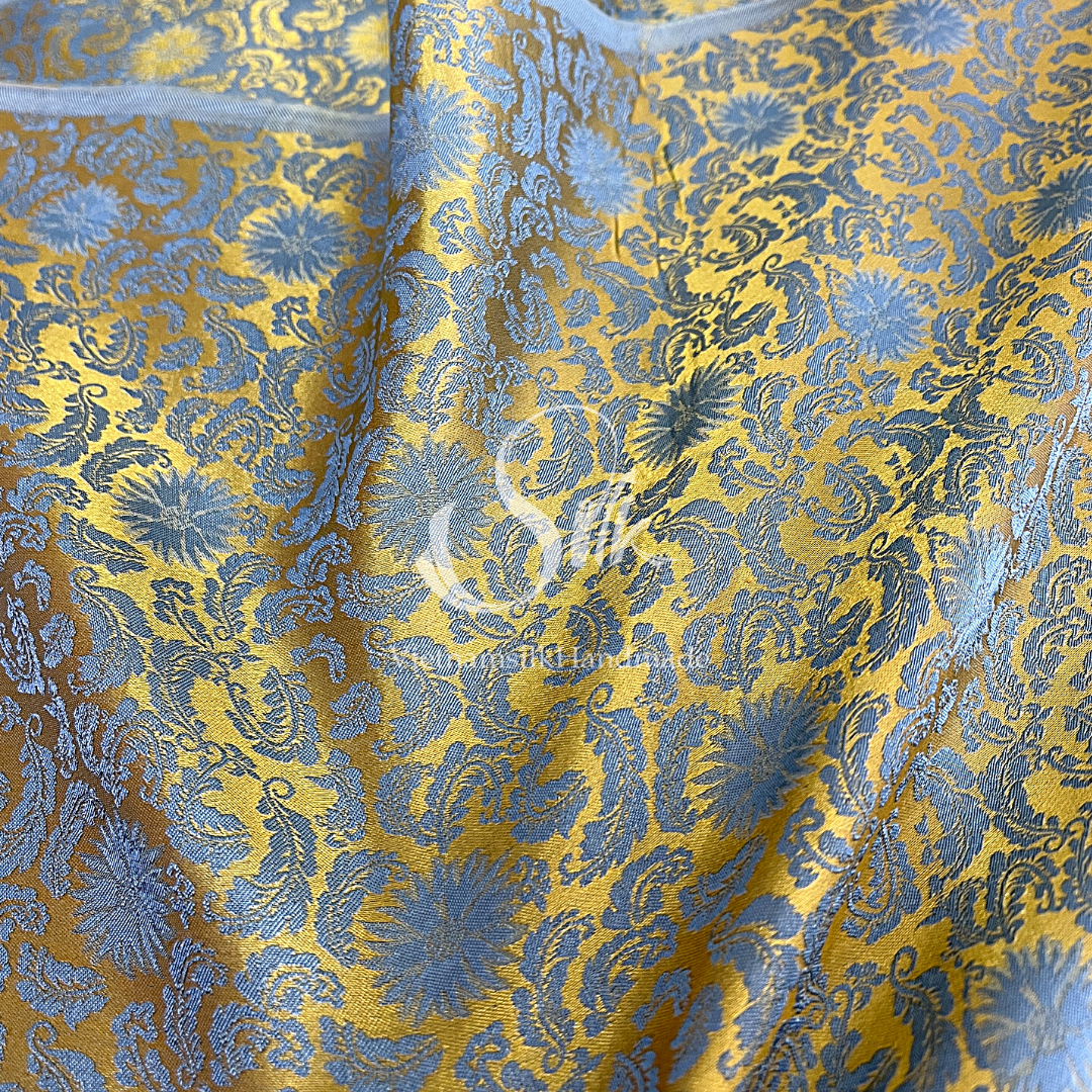 Golden Silk with Grey Flowers - PURE MULBERRY SILK fabric by the yard - Floral Silk -Luxury Silk - Natural silk - Handmade in VietNam